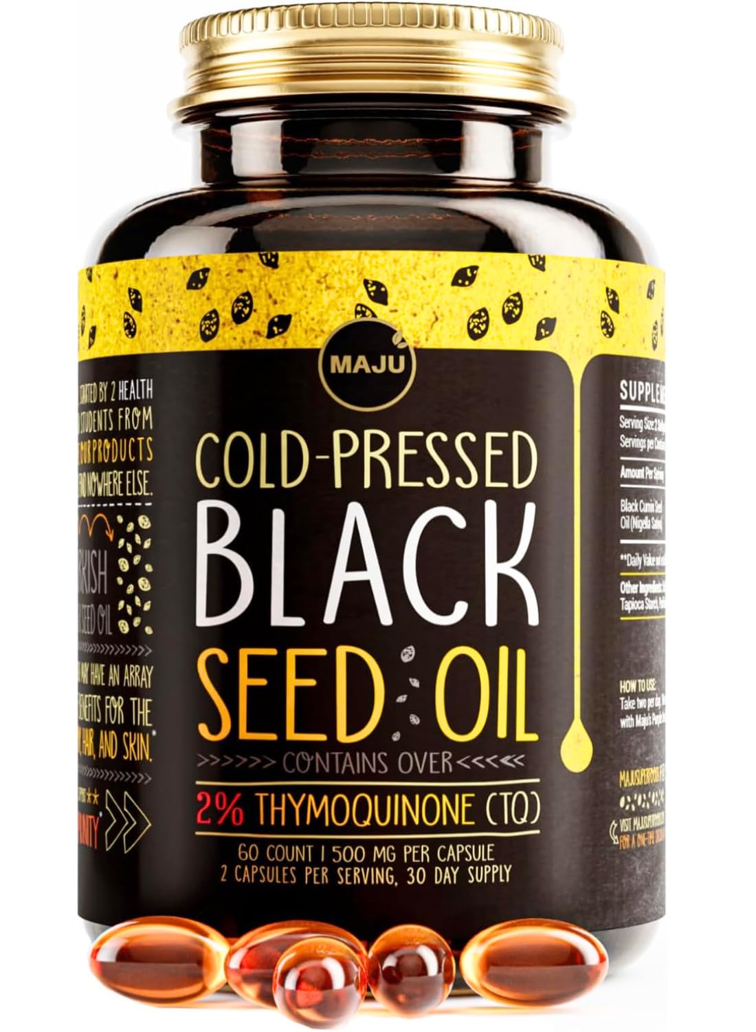 Maju Black Seed Oil Capsules bottle closeup, premium cold-pressed oil for daily wellness.
