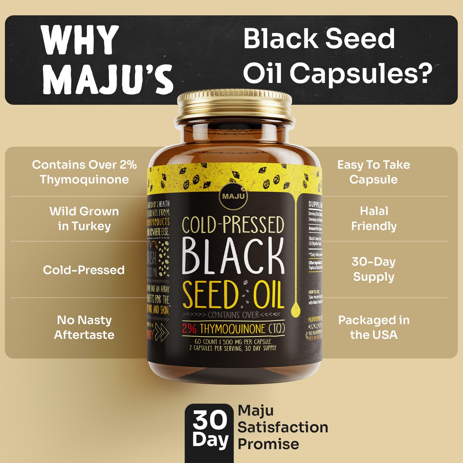 Maju Black Seed Oil Capsules packaging box, clean conditions and traceable sourcing.