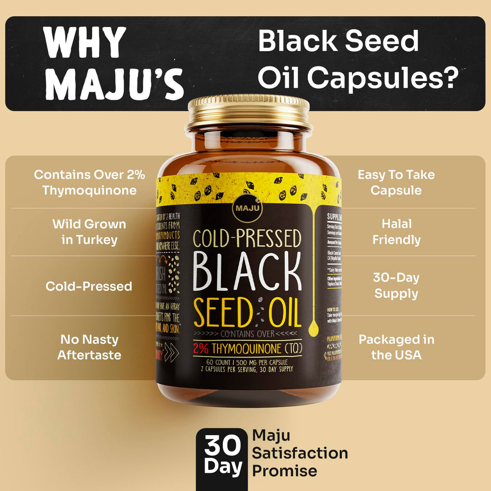 Maju Black Seed Oil Capsules packaging box, clean conditions and traceable sourcing.