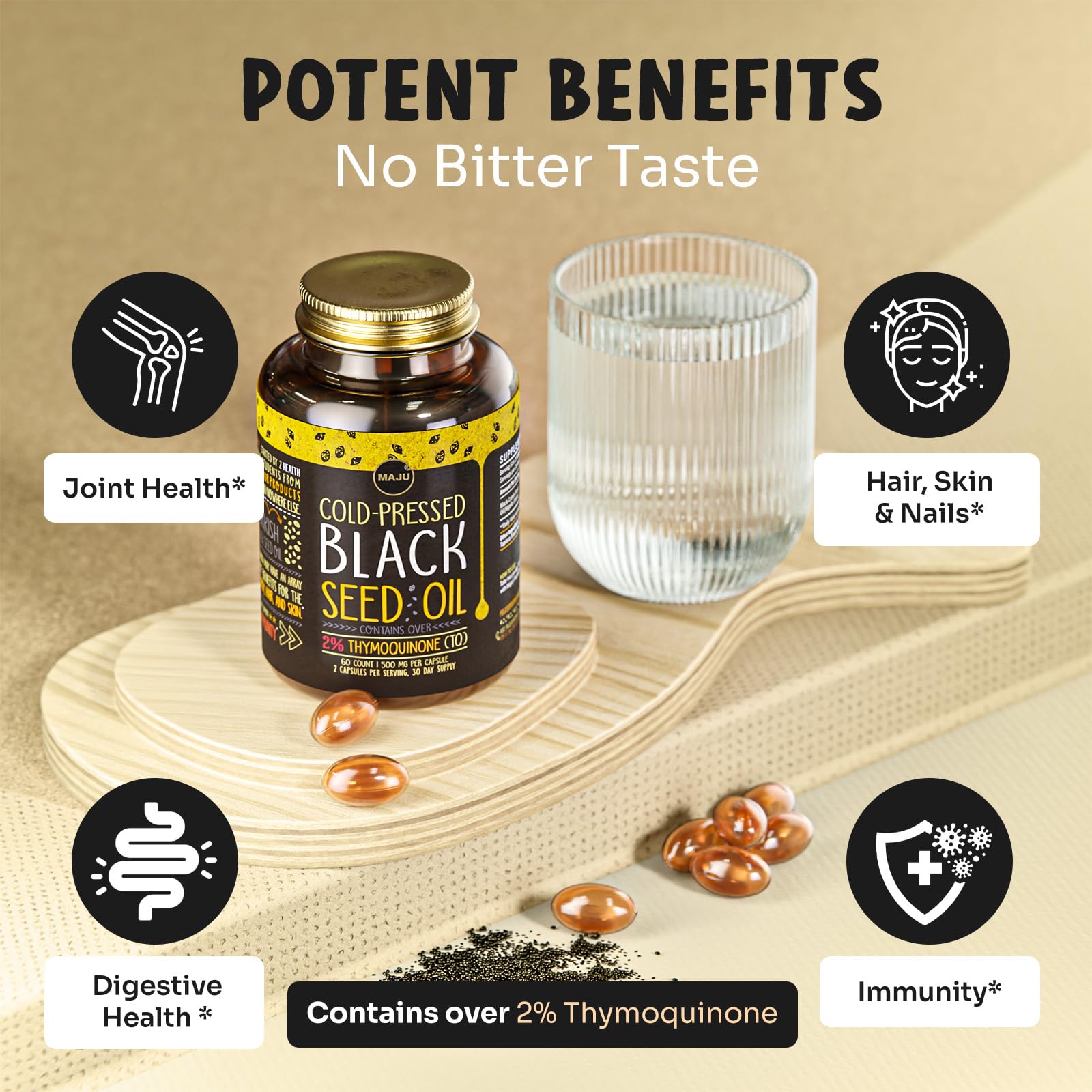 Maju Black Seed Oil Capsules pouring image, convenient capsule form.