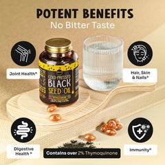 Maju Black Seed Oil Capsules pouring image, convenient capsule form.