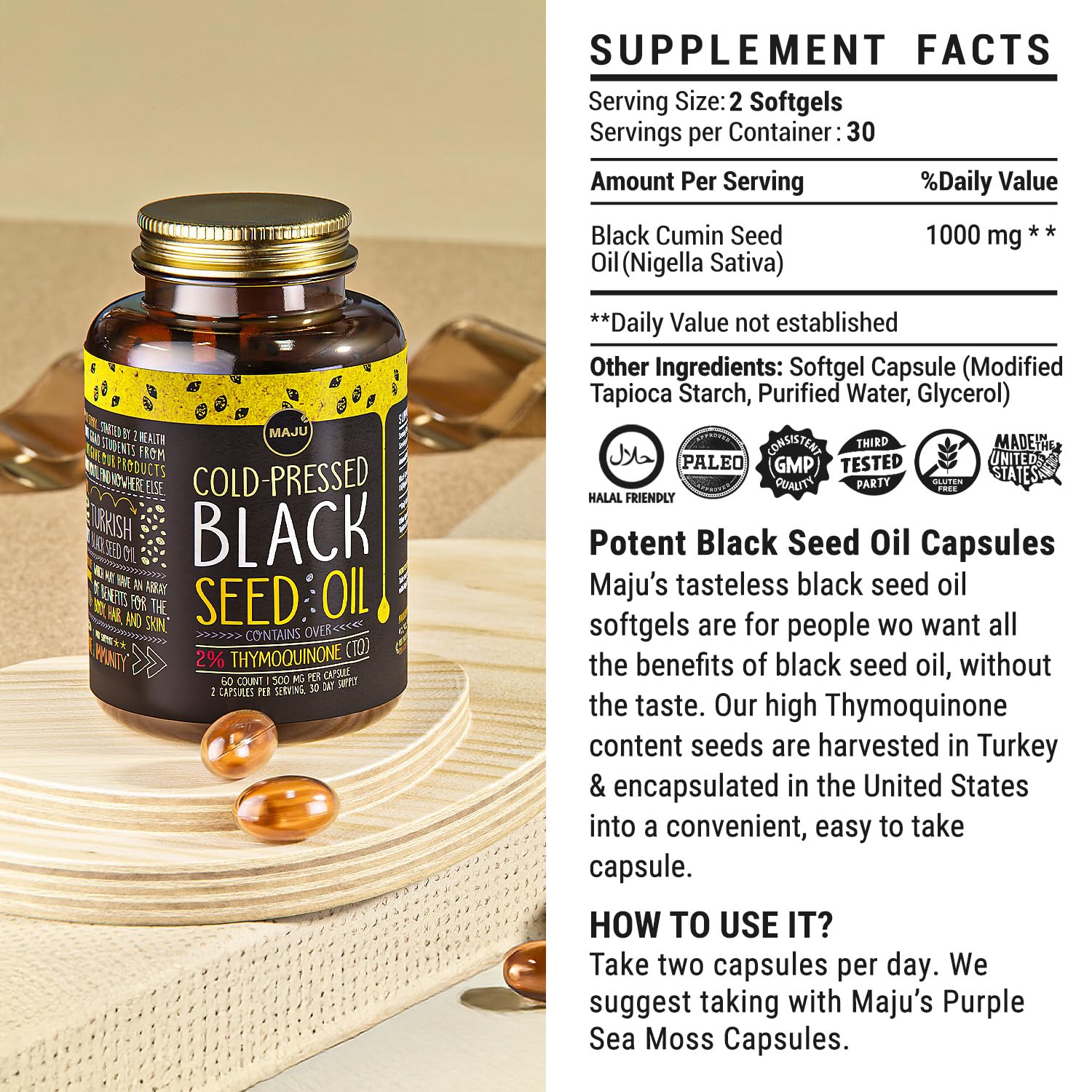 Maju Black Seed Oil Capsules storage jar, keep capsules fresh and potent.