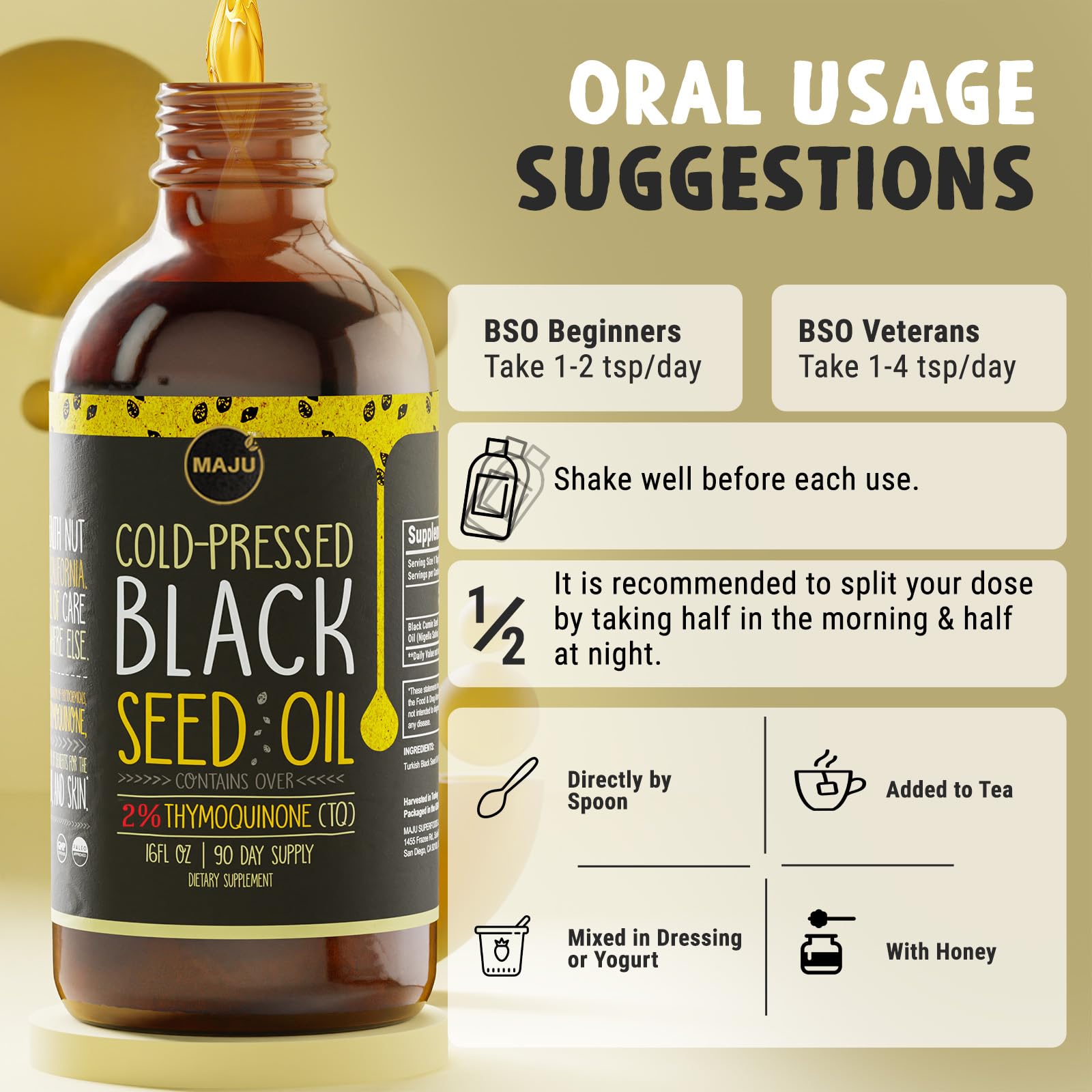 Maju Black Seed Oil lifestyle shot implying daily wellness ritual.