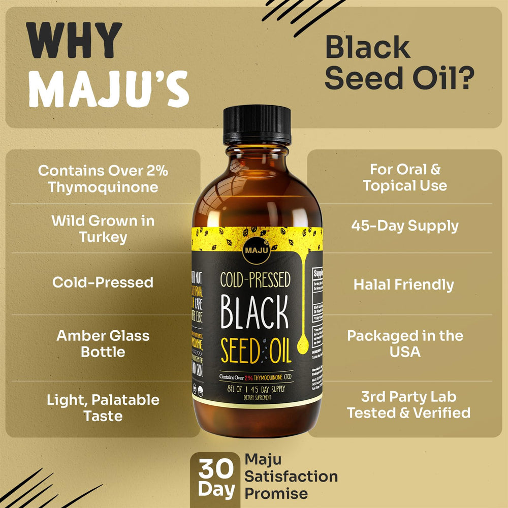 Maju Black Seed Oil drops indicate versatile daily usage possibilities.