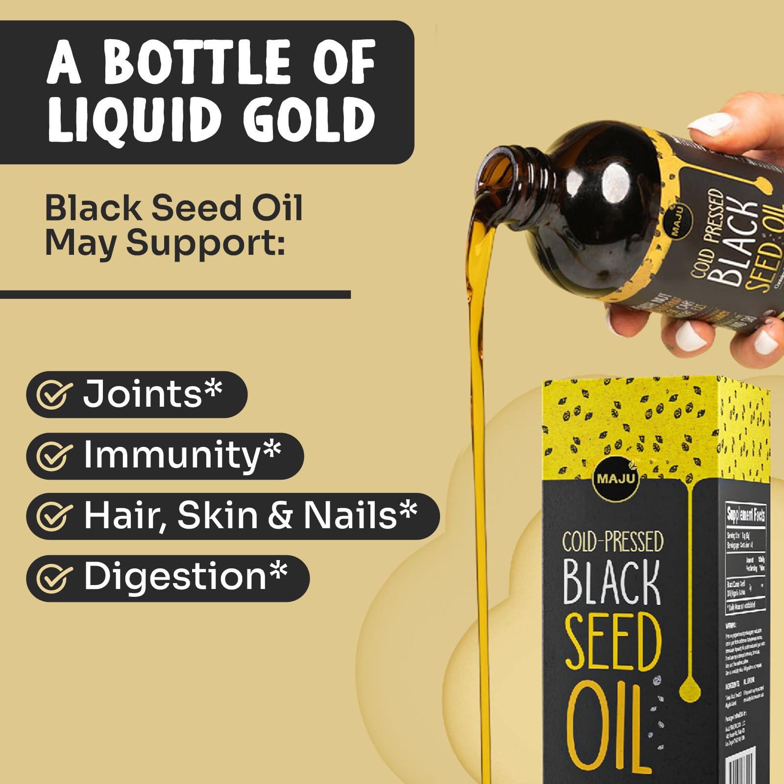 Maju Black Seed Oil glass bottle emphasizes premium packaging and purity.
