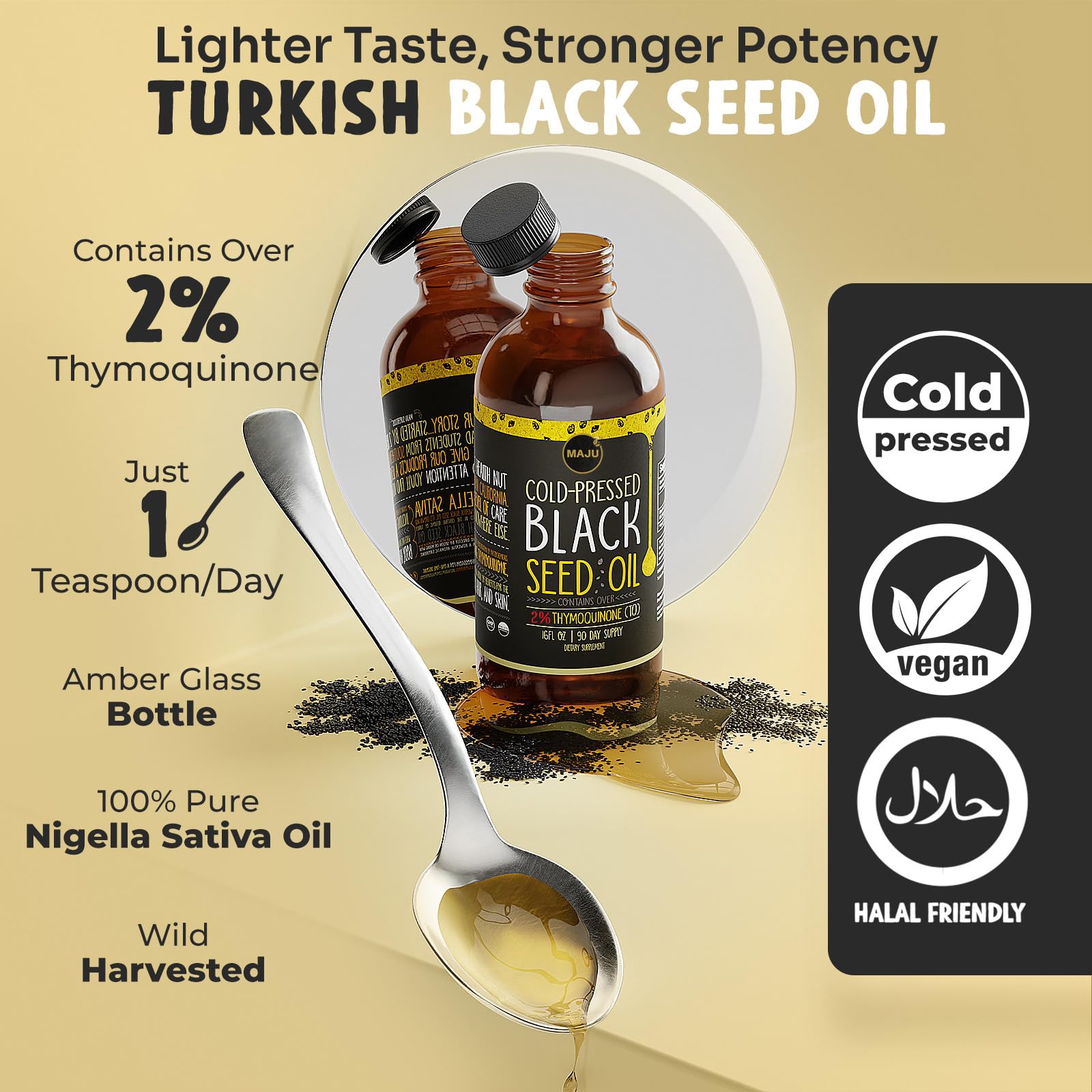Maju Black Seed Oil label closeup highlighting Turkish origin and 3X thymoquinone content.