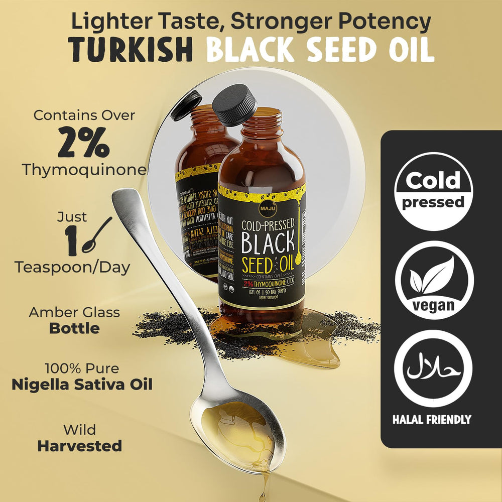 Maju Black Seed Oil label closeup highlighting Turkish origin and 3X thymoquinone content.