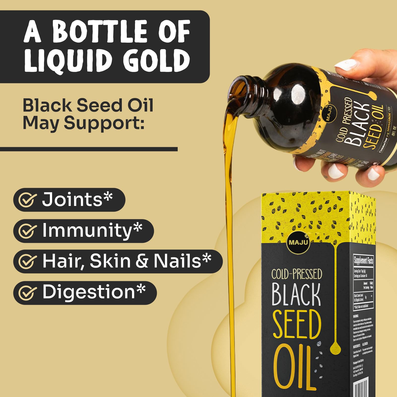 Maju Black Seed Oil label detail highlights Turkish origin and cold-pressed quality.