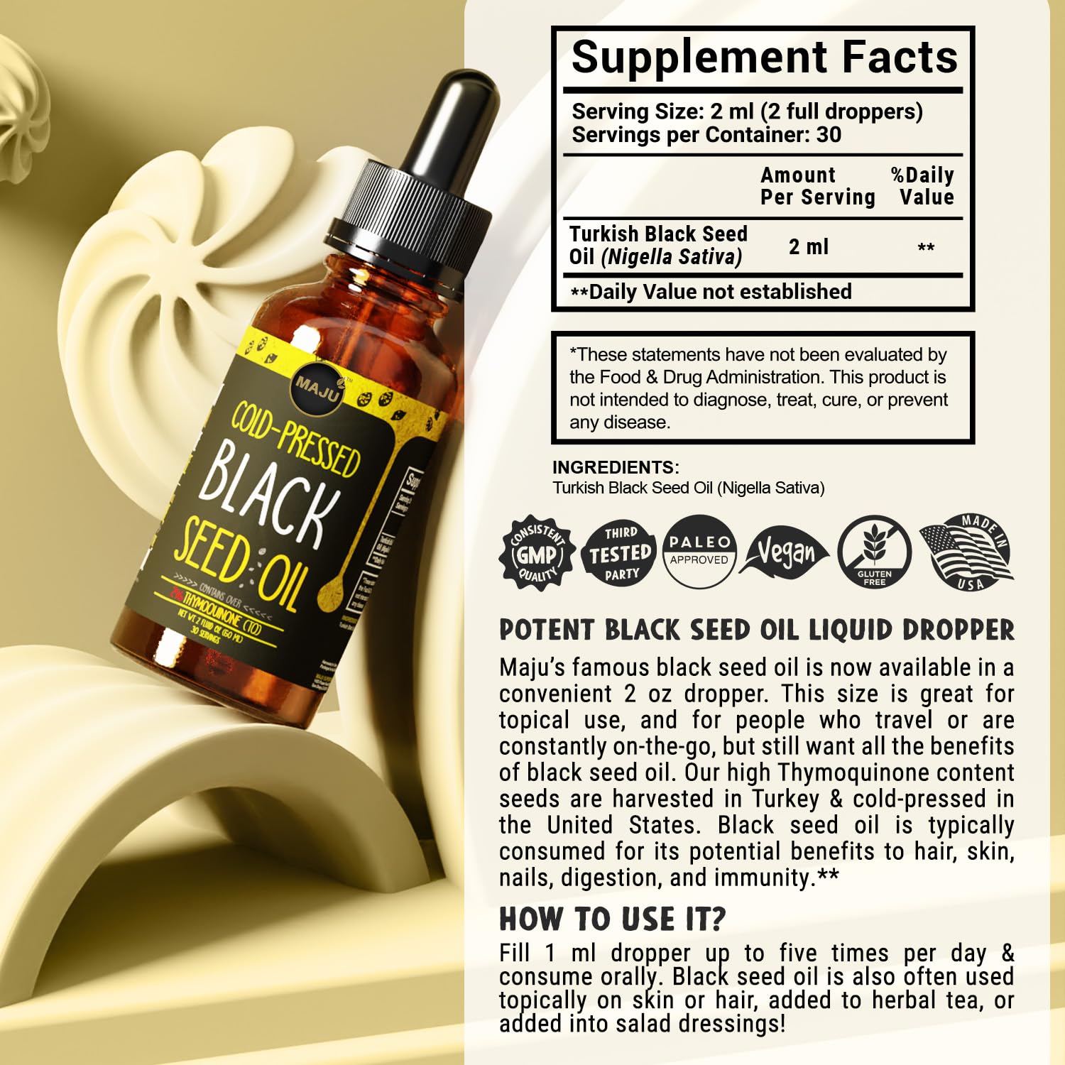 Maju Black Seed Oil label detail showcases the brand and cold-pressed process