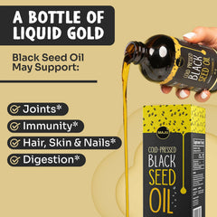 Maju Black Seed Oil label detail highlights Turkish origin and cold-pressed quality.