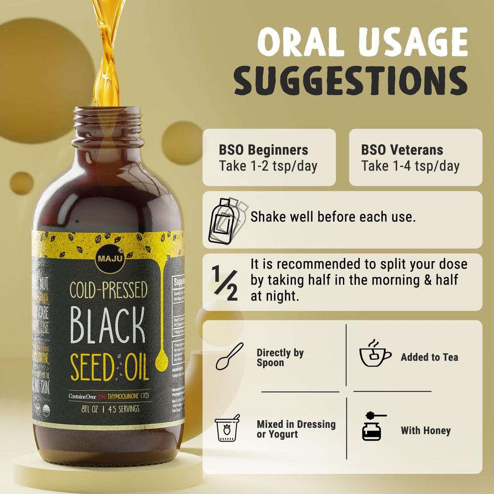Maju Black Seed Oil packaging with glass bottle communicates premium quality.