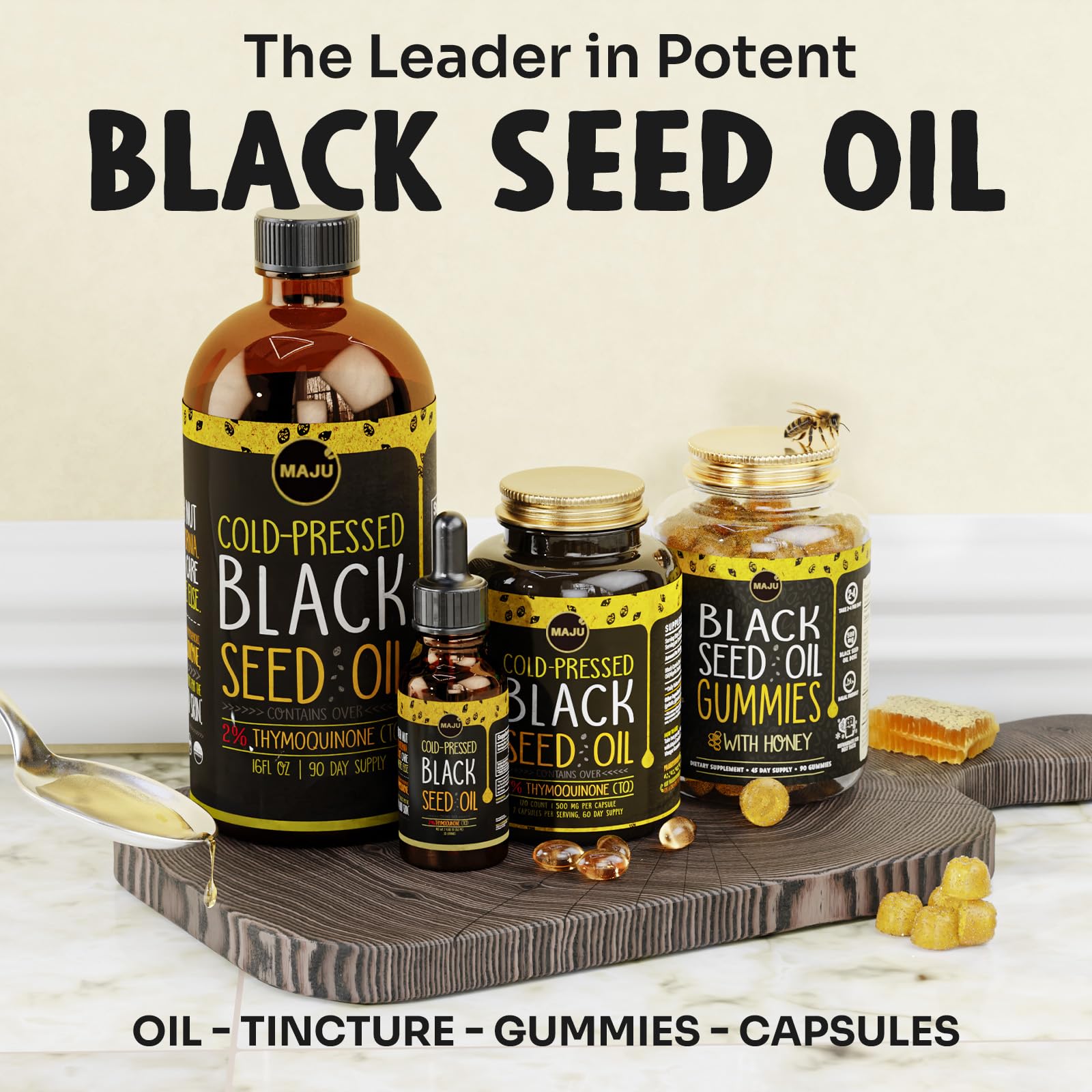 Maju Black Seed Oil pour bottle demonstrates convenient dispensing for everyday application.