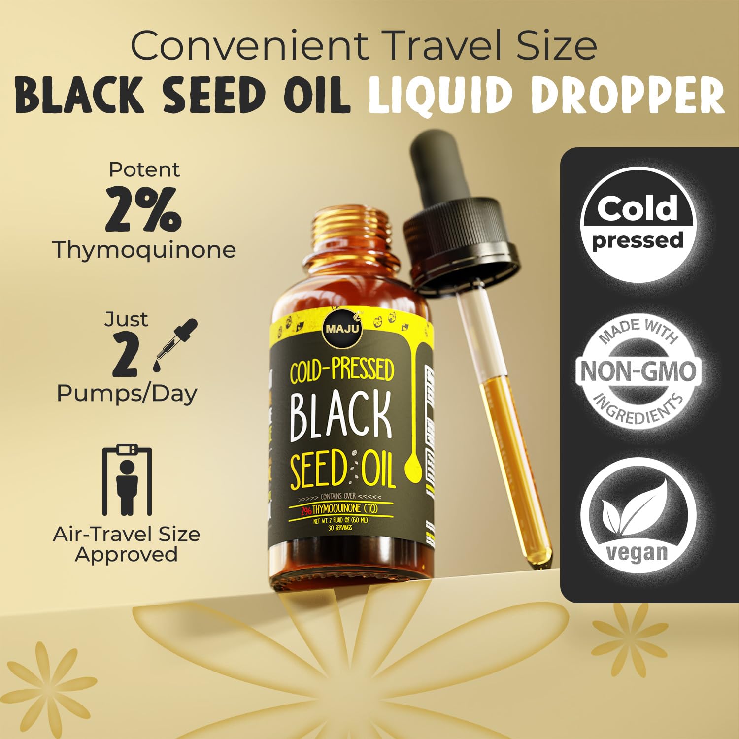 Maju Black Seed Oil pour shot highlights easy dosing and smooth texture for daily use