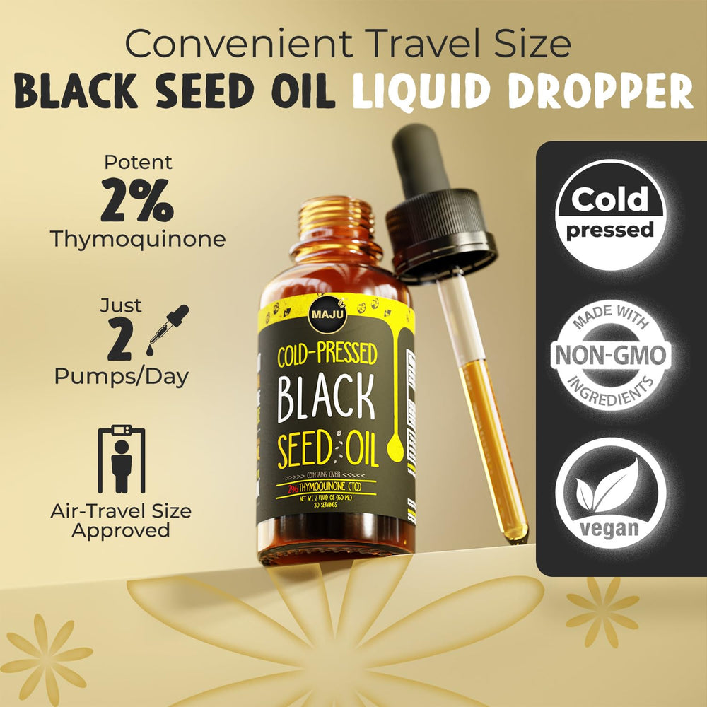 Maju Black Seed Oil pour shot highlights easy dosing and smooth texture for daily use