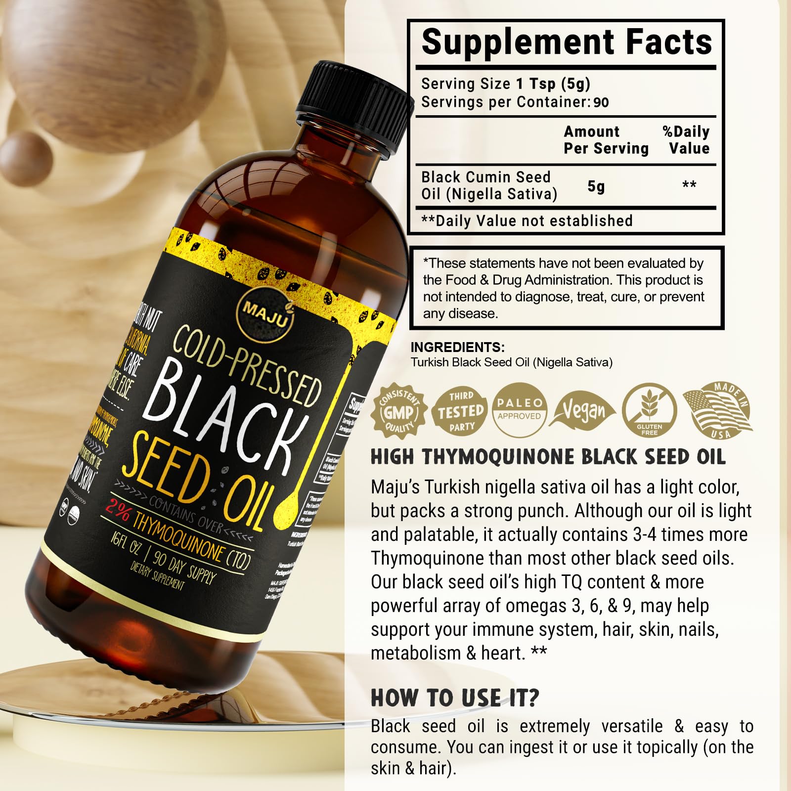 Maju Black Seed Oil image focusing on skin and hair use possibilities.