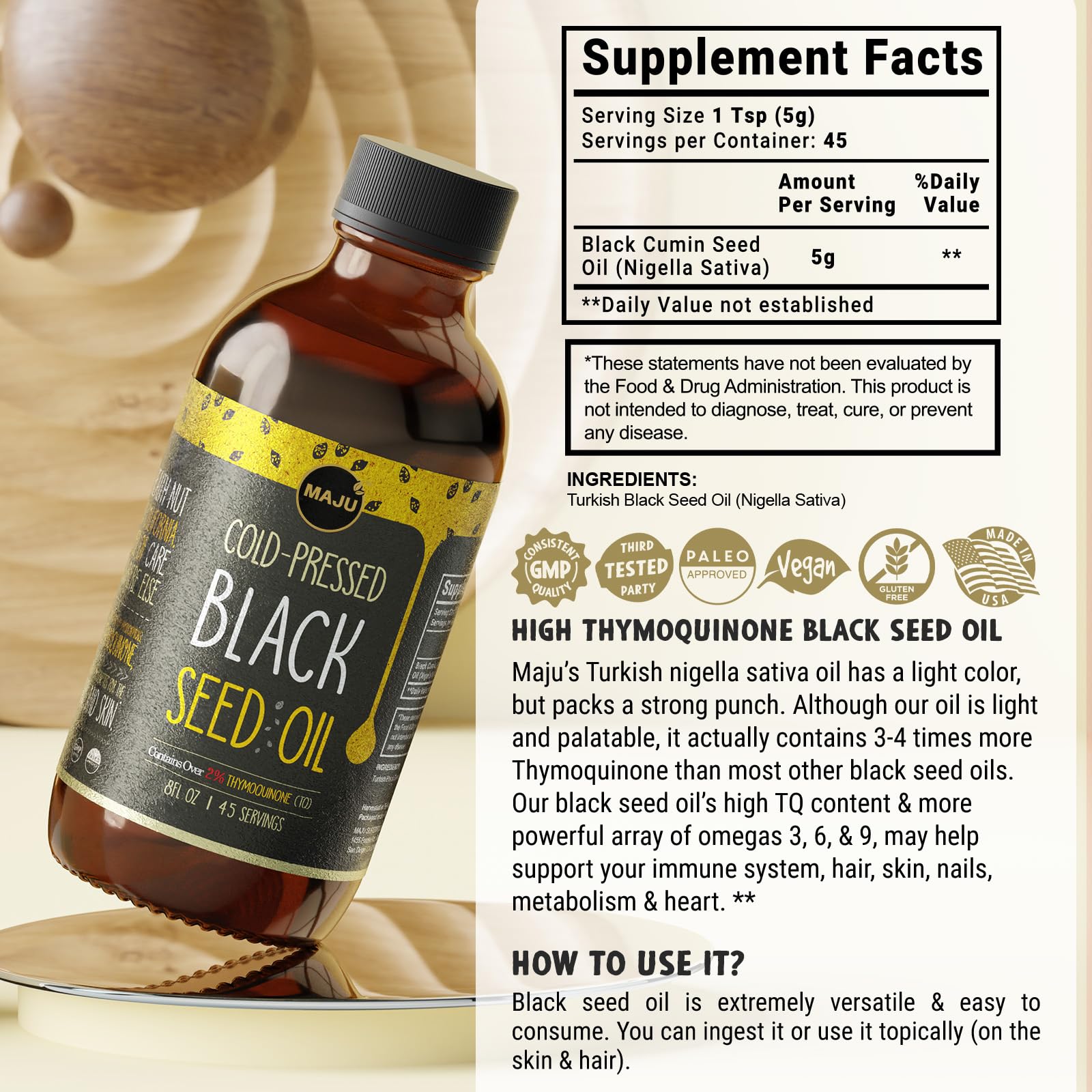 Maju Black Seed Oil taste-note suggests mild flavor for everyday supplementation.