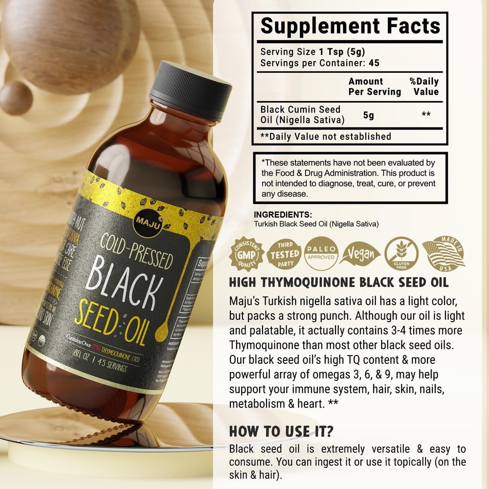 Maju Black Seed Oil taste-note suggests mild flavor for everyday supplementation.