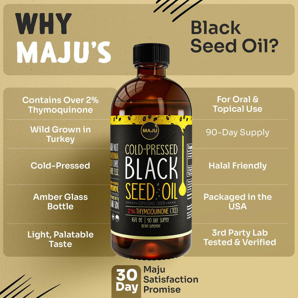 Maju Black Seed Oil thymoquinone-rich concentrate closeup conveys potency.