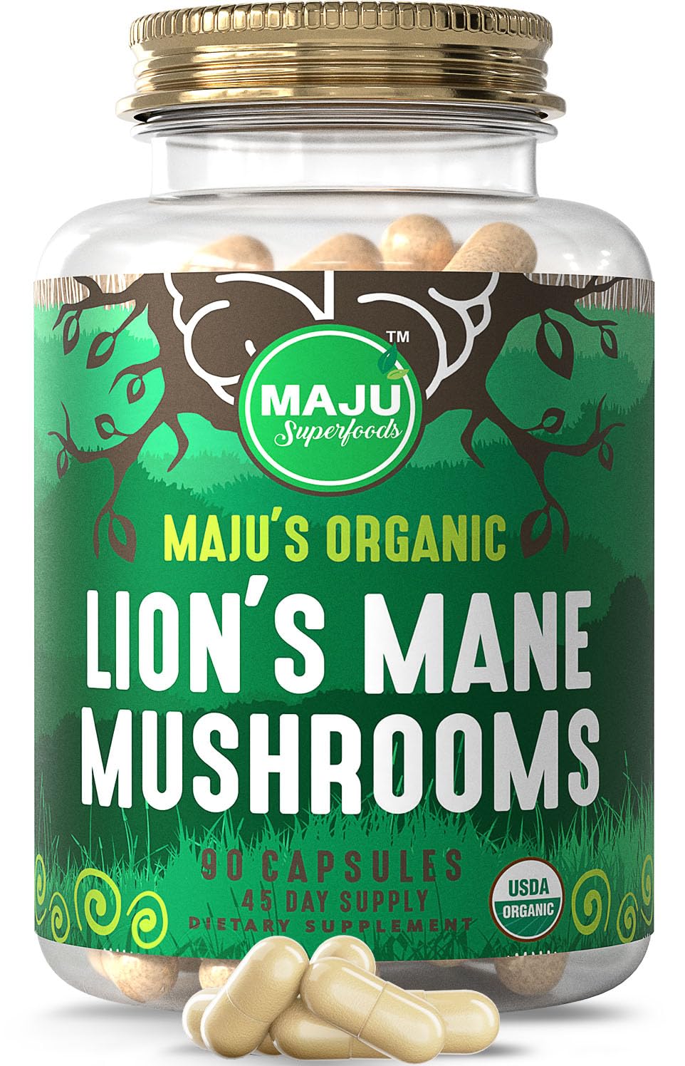 Maju Superfoods Lions Mane capsules bottle for cognitive support and daily focus.