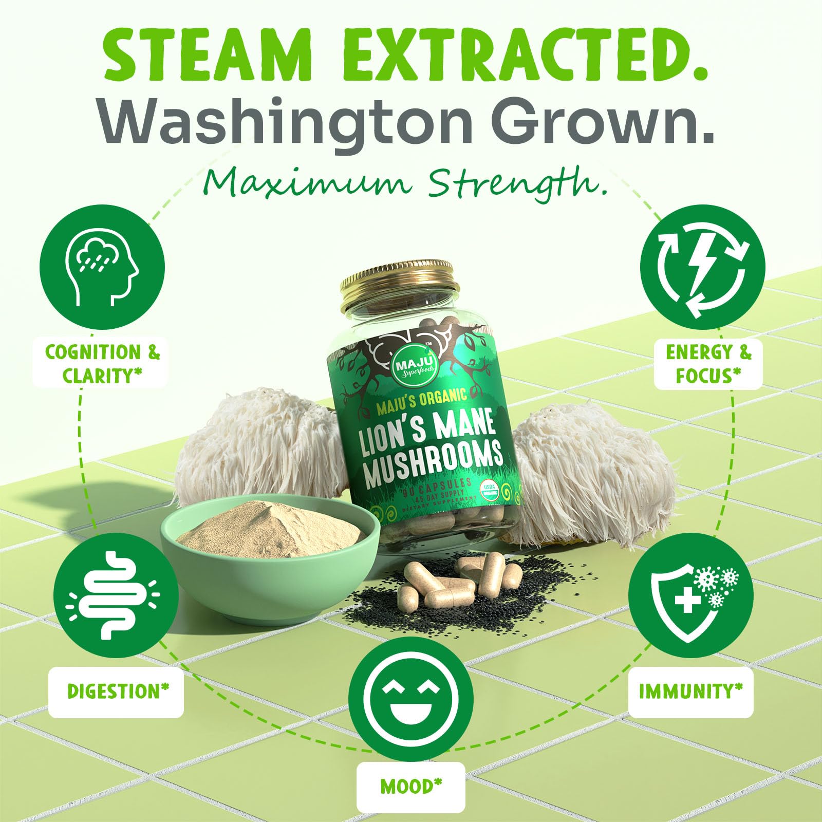 Maju Superfoods Lions Mane mushrooms steam extract highlights potency and bioavailability.