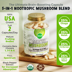 Maju Superfoods Mental Mushroom Capsules capsules dispensed on hand for easy daily use.