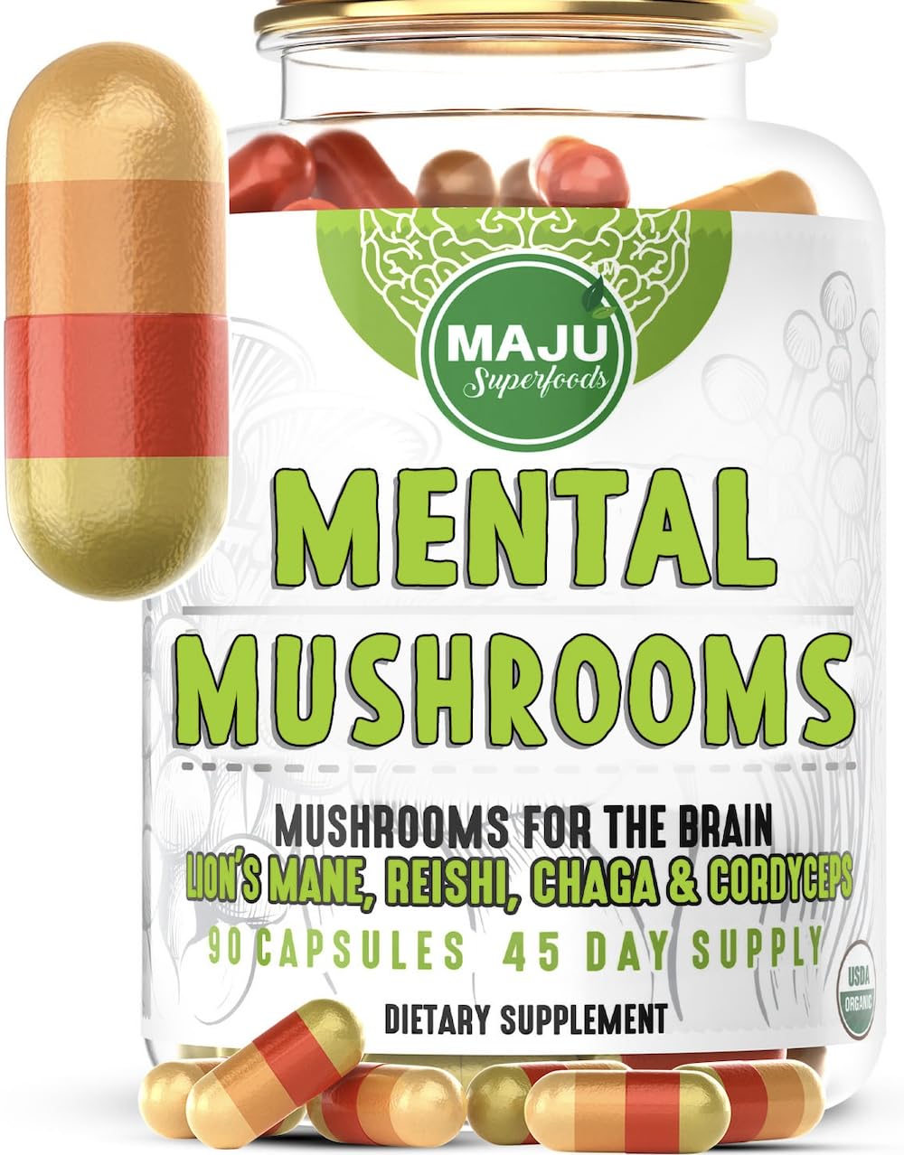 Maju Superfoods Mental Mushroom Capsules front view of bottle for daily support.
