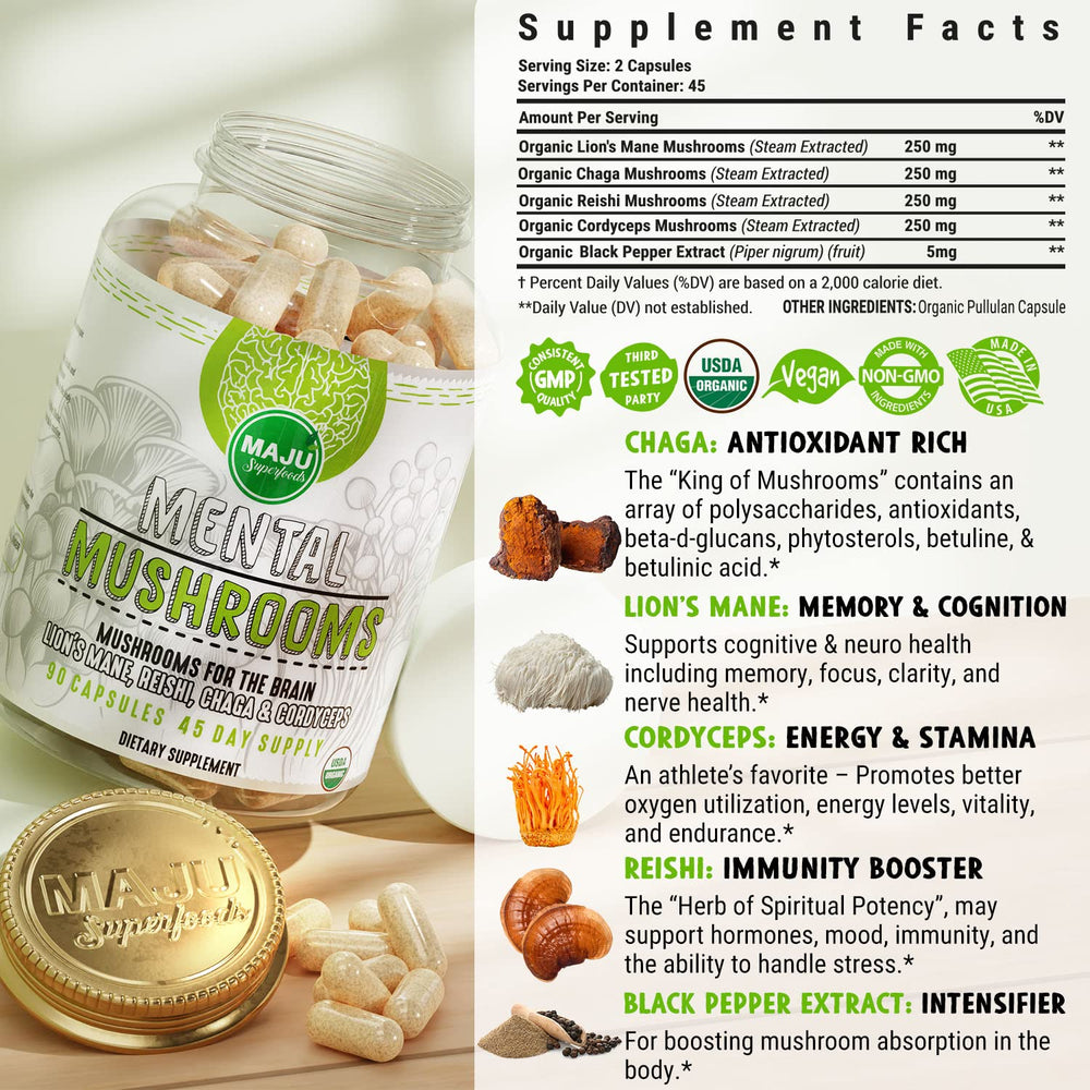 Maju Superfoods Mental Mushroom Capsules two-month supply in bottle.