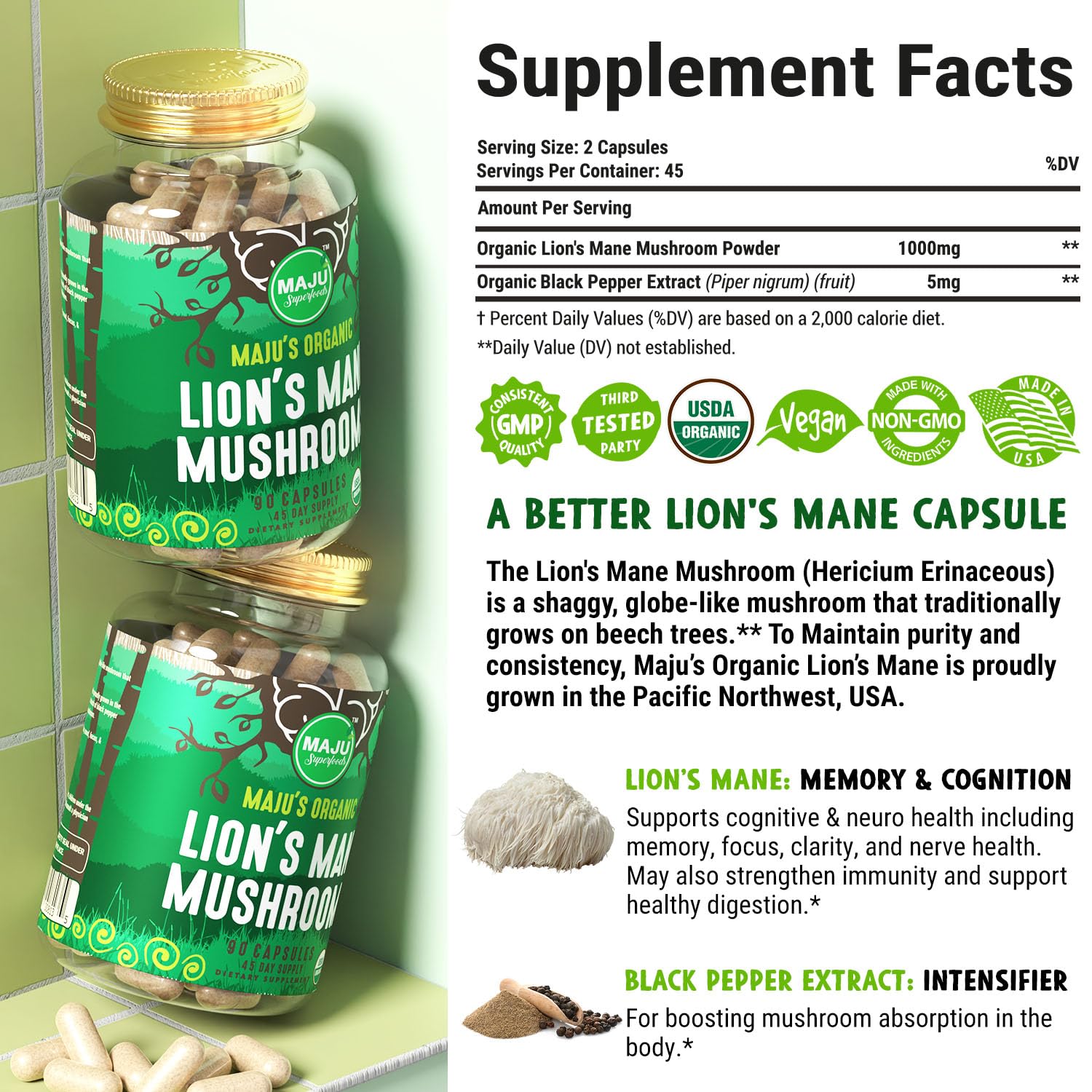 Maju Superfoods Pacific Northwest grown organic mushrooms emphasize purity.