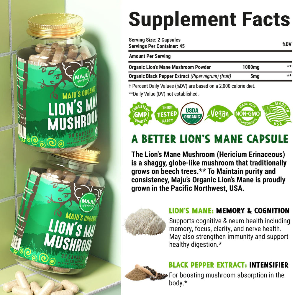 Maju Superfoods Pacific Northwest grown organic mushrooms emphasize purity.