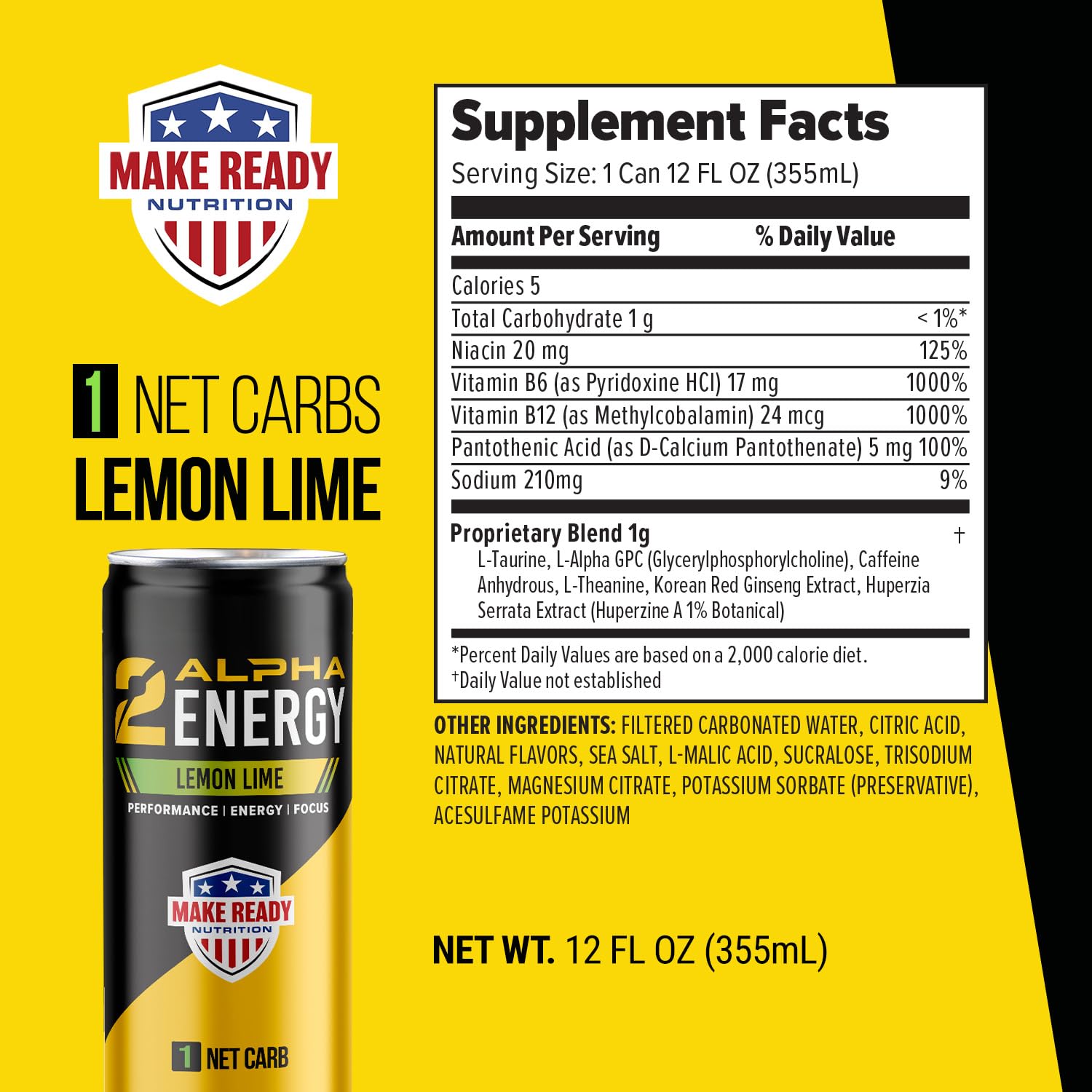 Make Ready Nutrition 2Alpha Energy Lemon Lime front label highlights zero sugar and low carb