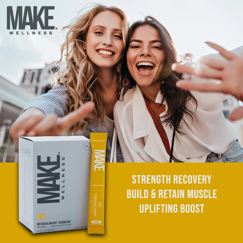 Make Wellness FIT Peptides being poured to reveal refreshing orange flavor