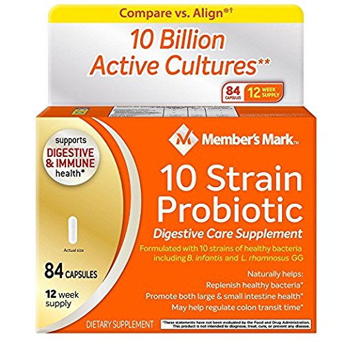 MAKJUNS Members Mark 10 Strain Probiotic bottle supports daily gut balance.