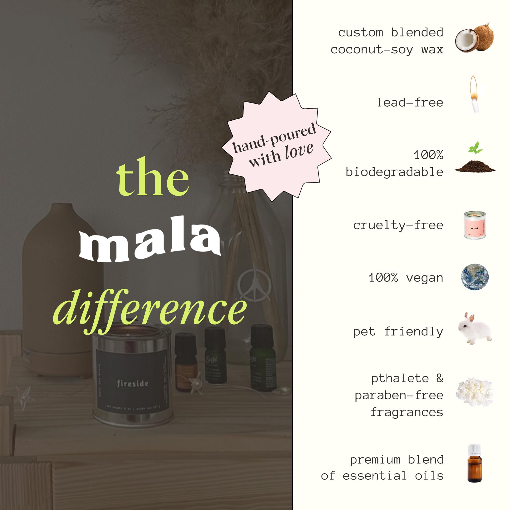 Mala Fireside 6-8oz candle offers a compact aromatherapy option for home desks.