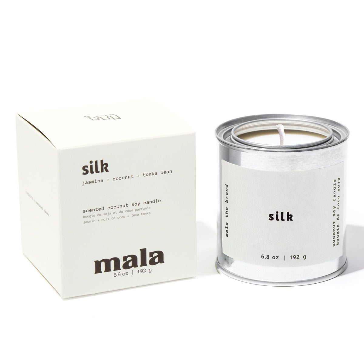 MALA scented silk candle close-up jar showing rich tonka bean aroma for cozy evenings