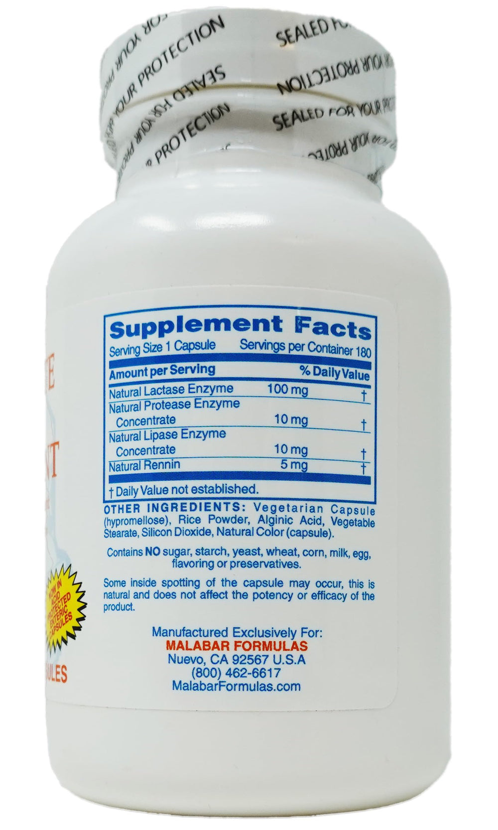 Close-up of Malabar digestant pills in bottle for dairy use