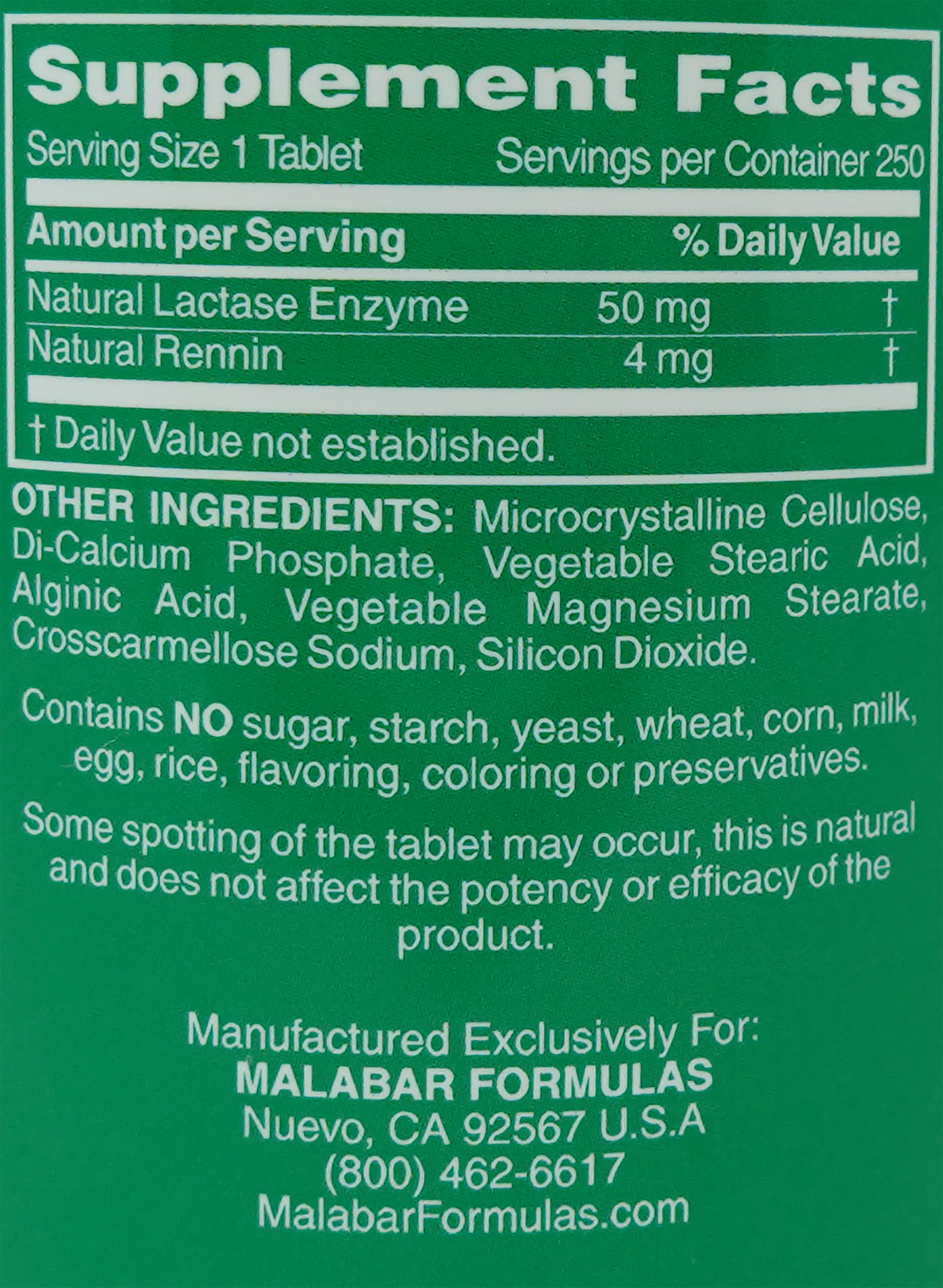 Malabar Super Milk Digestant bottle label highlighting lactase enzyme.
