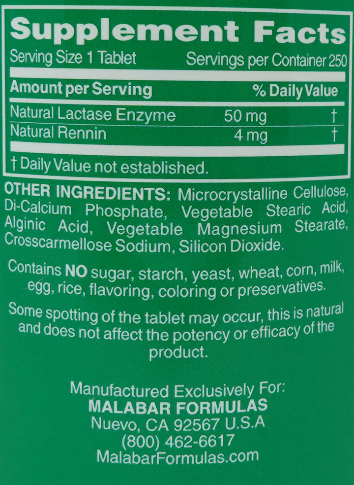 Malabar Super Milk Digestant bottle label highlighting lactase enzyme.