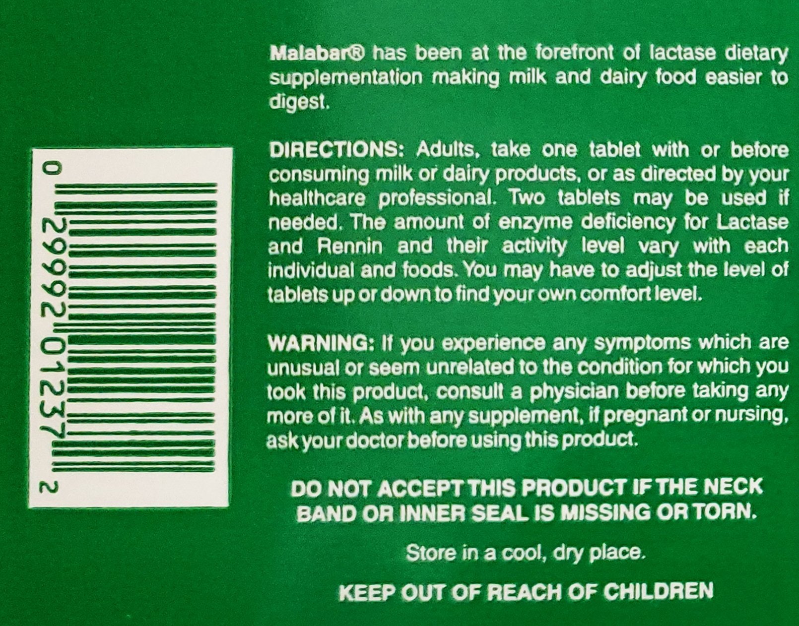 Malabar Super Milk Digestant ingredients list with natural lactase and rennin.