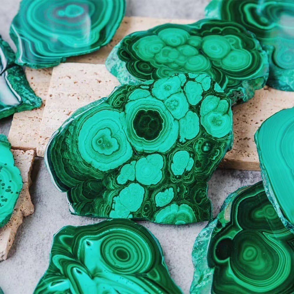 Malachite slab from natural formation offers unique character and texture.