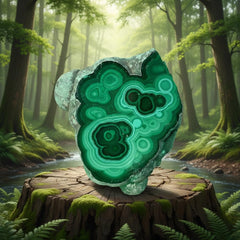 Malachite slab polished surface reveals vibrant banding for display.