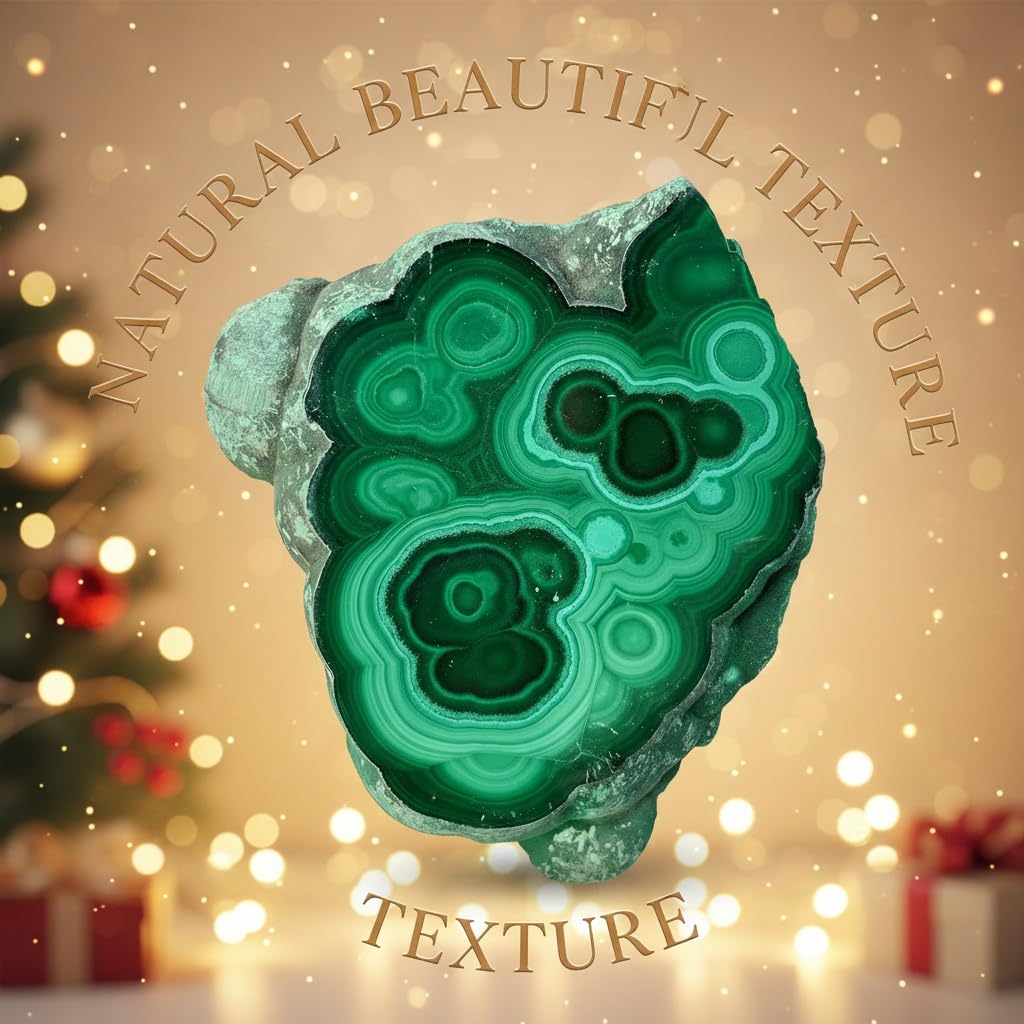 Malachite slab with dense green banding creates a striking shelf focal point.