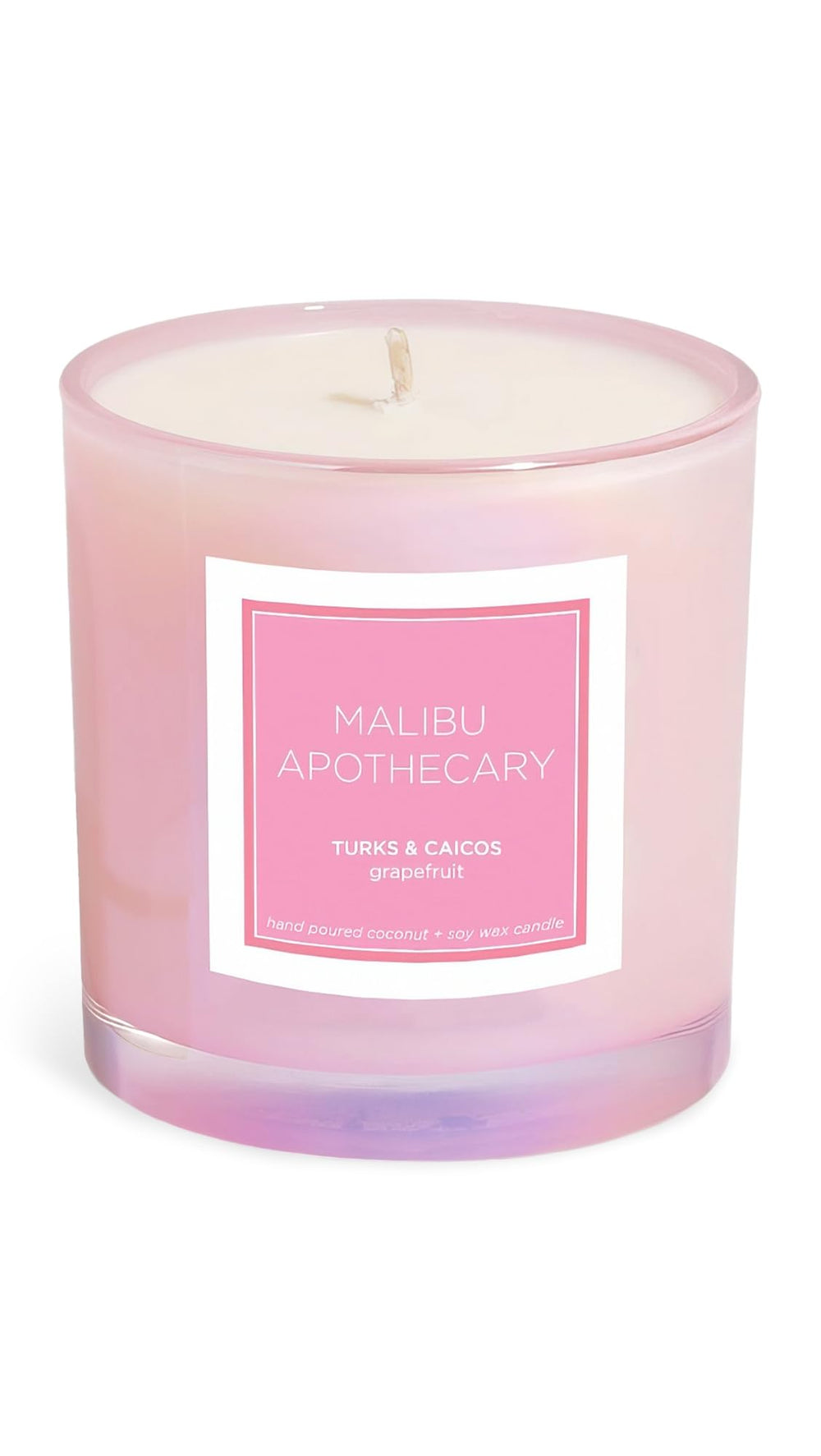 Malibu Apothecary Turks & Caicos candle jar iridescent pink enhances ambient mood.