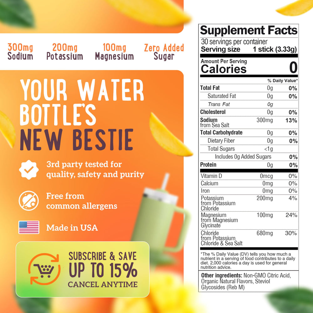 A 16-ounce water bottle with a single electrolyte stick ready to dissolve.