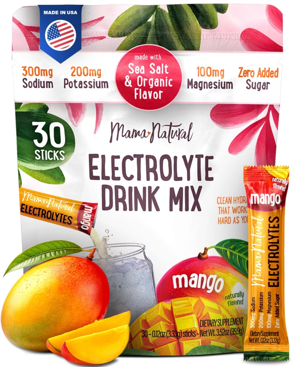 Mama Natural electrolytes sticks ready to mix for on-the-go hydration.