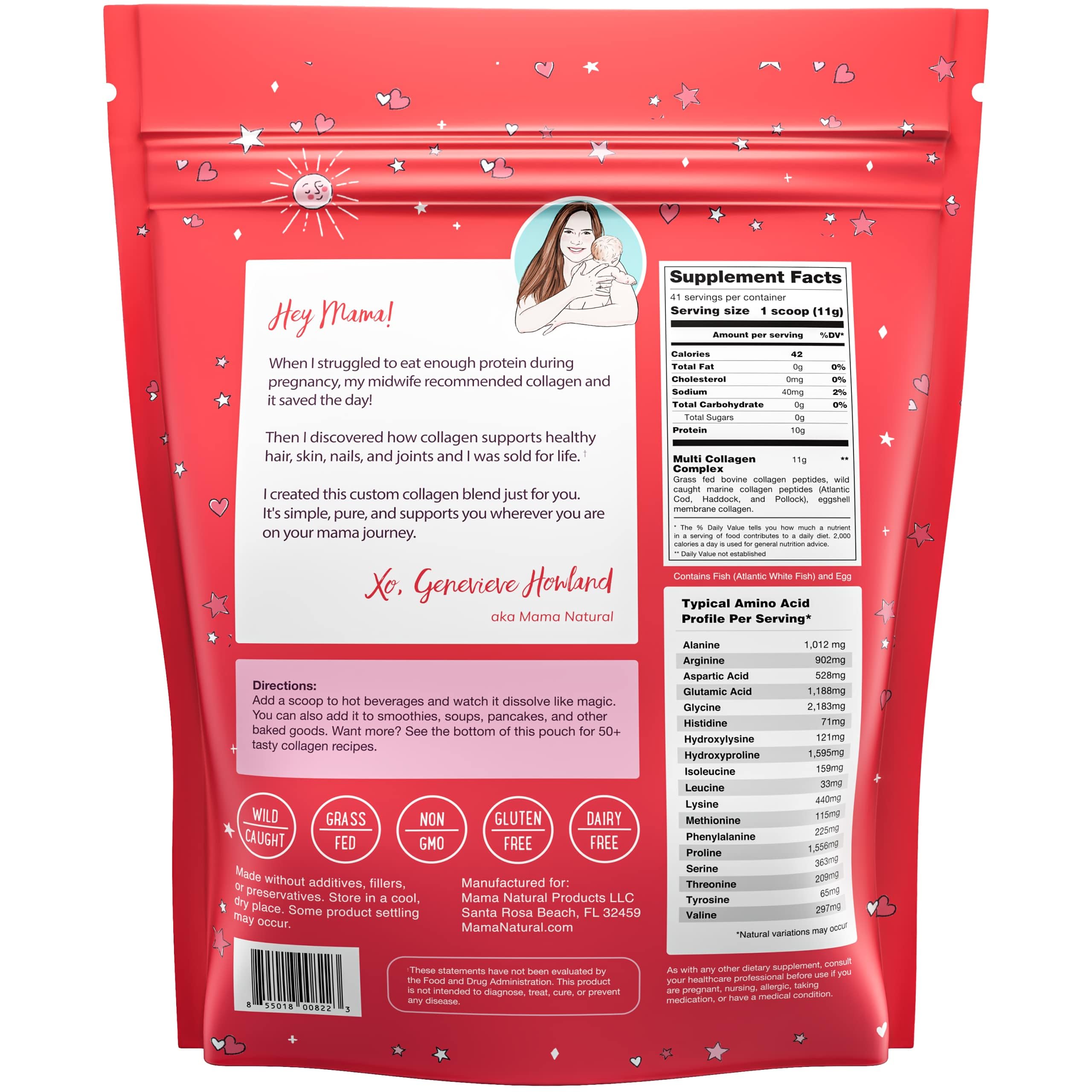 Mama Natural gluten-free, dairy-free, kosher symbols on packaging for allergen-friendly appeal.