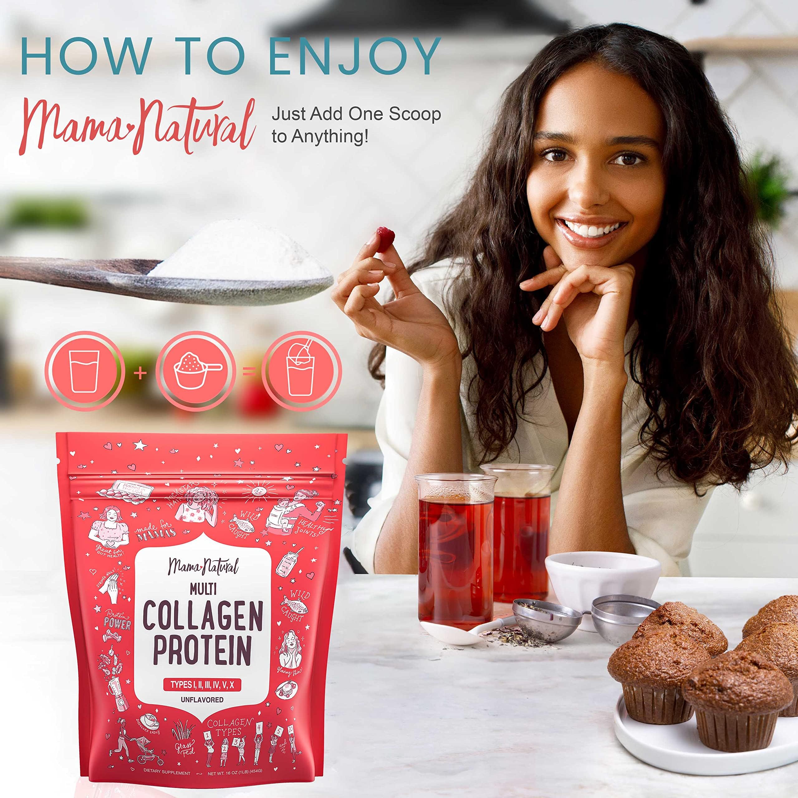Mama Natural grass-fed bovine collagen powder close-up highlighting pure ingredient source.