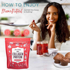 Mama Natural grass-fed bovine collagen powder close-up highlighting pure ingredient source.