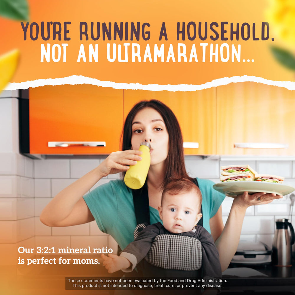 Postpartum hydration moment with Mama Natural electrolytes during a busy day.