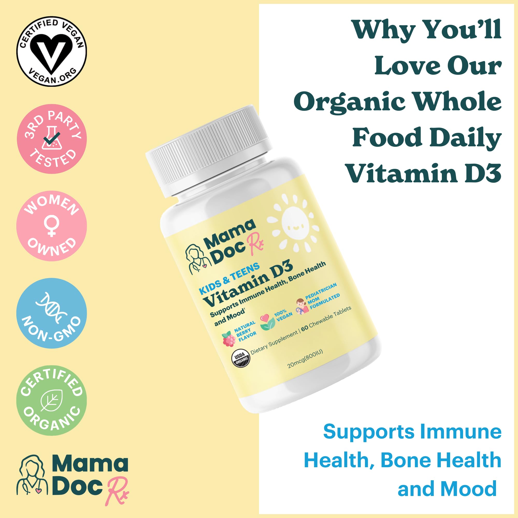 MamaDoc Rx Organic D3 chewables ingredients panel