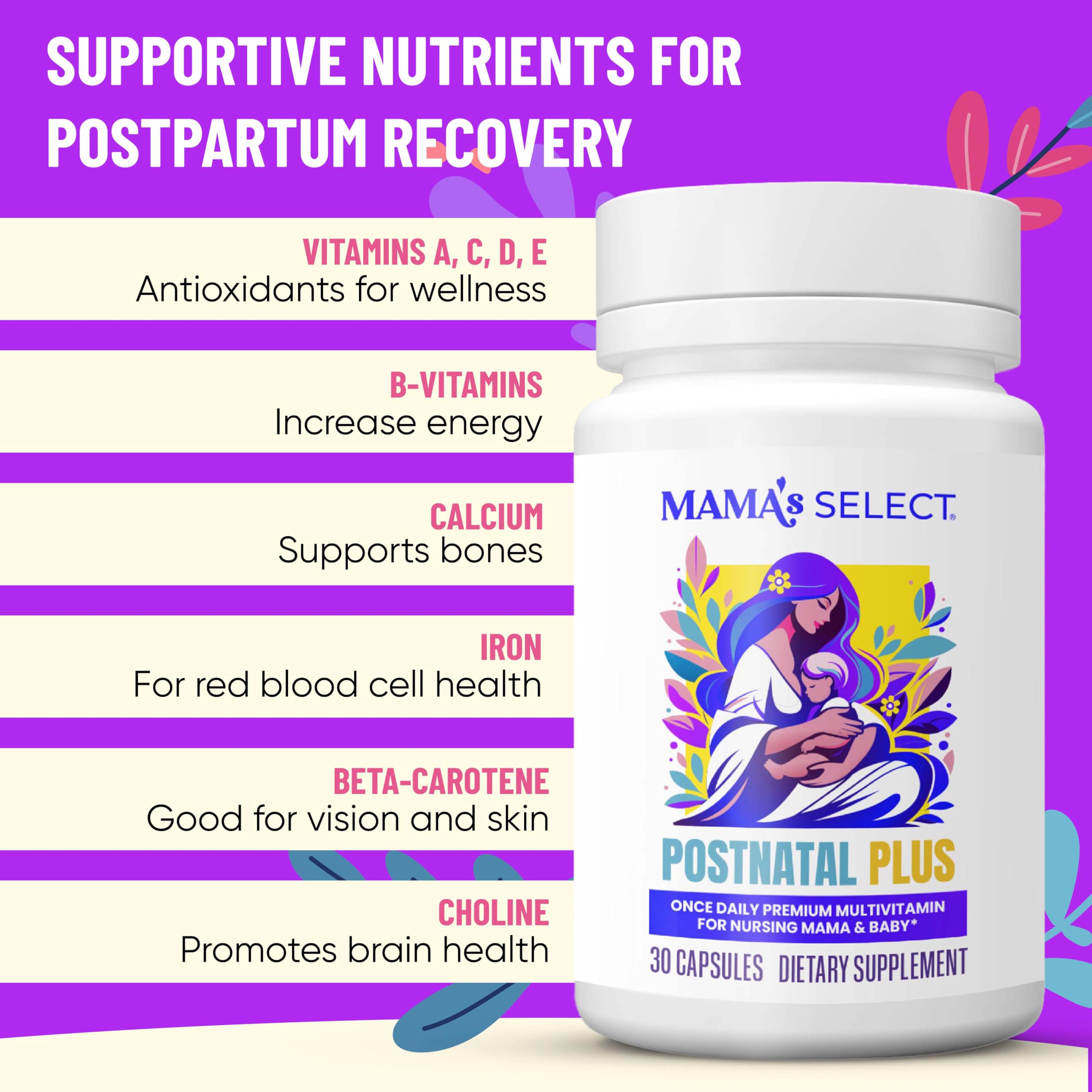 Close-up of one daily dose capsule from Mama's Select postnatal vitamins